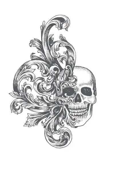 Vector illustration of hand-drawing baroque style skull ornament