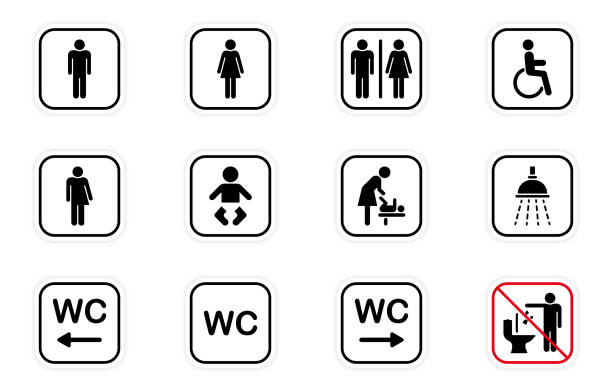 Toilet Room Silhouette Icon. Set of WC Sign. Public Washroom for Disabled, Male, Female, Transgender. Bathroom, Restroom Pictogram. Mother and Baby Room. Vector Illustration Toilet Room Silhouette Icon. Set of WC Sign. Public Washroom for Disabled, Male, Female, Transgender. Bathroom, Restroom Pictogram. Mother and Baby Room. Vector Illustration. mens room stock illustrations