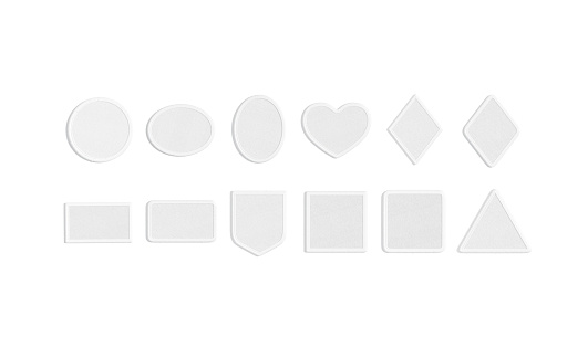Maqueta de parche bordado blanco en blanco, diferentes tipos, vista superior photo