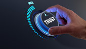 Trust in business and finance relationships. Trusted partner, contract, agreement or assurance concept. Confidence to work together, trustworthy company. Person turning knob to max value.