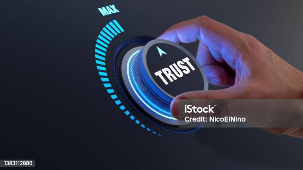 Trust In Business And Finance Relationships Trusted Partner Contract Agreement Or Assurance Concept Confidence To Work Together Trustworthy Company Person Turning Knob To Max Value Stock Photo - Download Image Now