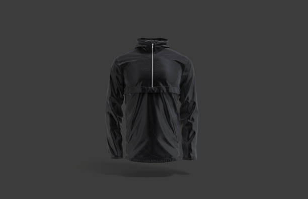 leeres schwarzes windbreaker-mock-up, dunkler hintergrund - windbreak stock-fotos und bilder