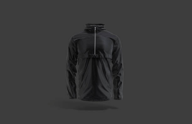 mock up della giacca a vento nera vuota, sfondo scuro - giacca a vento foto e immagini stock