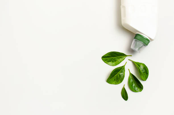istock White plastic bottle for liquid detergent, cleaning agent, bleach, antibacterial gel with natural plant extract and green leaves on white background. Eco style cleaning concept. Flat lay top view 1383114120