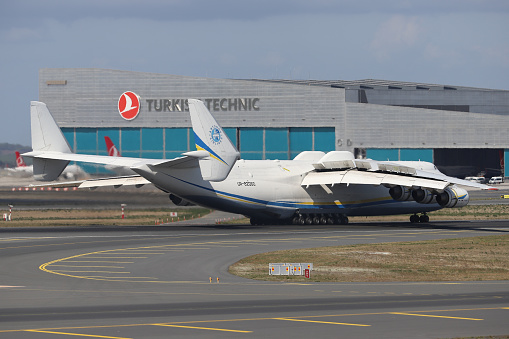 Istanbul, Turkey - October 05, 2021: Antonov Airlines Antonov An-225 Mriya landing to Istanbul International Airport. World' s largest airplane landed for refueling in Istanbul. An-225 was destroyed when Russian forces attacked Hostomel Airport on February 2022.