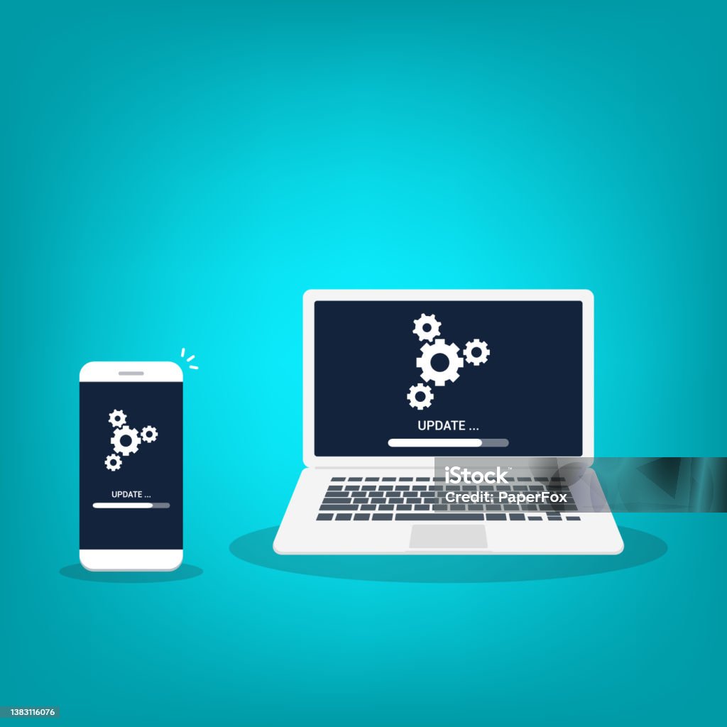 Phone Software Update Graphics Laptop And Smartphone With Update Process Screen Install New Software ...