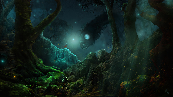 Dark woodland fantasy landscape of a hero encountering a monster