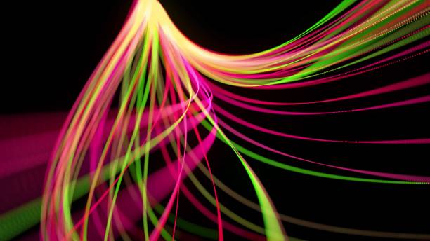 istock 3d render. Light flow bg. Abstract background with light trails, stream of green red yellow neon lines form spiral shapes. Modern trendy motion design background light effect 1383118752