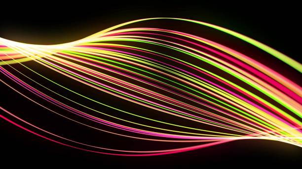 renderizado 3d. flujo de luz bg. fondo abstracto con rastros claros, corriente de líneas de neón rojas verdes y amarillas forman formas en espiral. moderno diseño de movimiento de moda efecto de luz de fondo - distorted image speed bg distorted fotografías e imágenes de stock