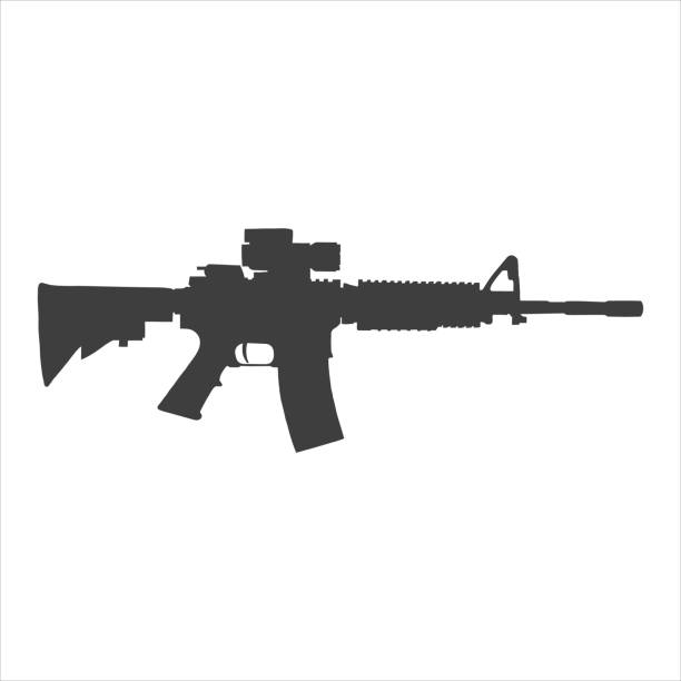 ilustraciones, imágenes clip art, dibujos animados e iconos de stock de fusil de asalto m 16 en la modificación m 4 de las fuerzas especiales. el icono se realiza utilizando líneas y contornos. - rifle