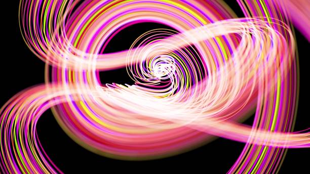 istock 3d render. Light flow bg. Abstract background with light trails, stream of green red yellow neon lines form spiral shapes. Modern trendy motion design background light effect 1383120914