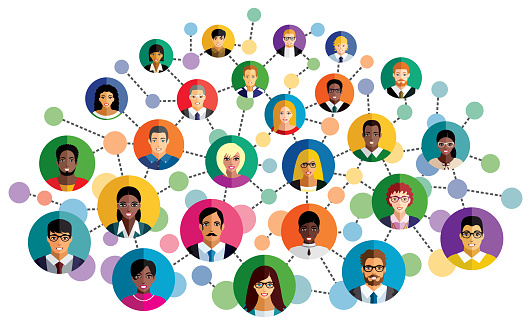 Multicolored social network scheme, which contains flat people icons.