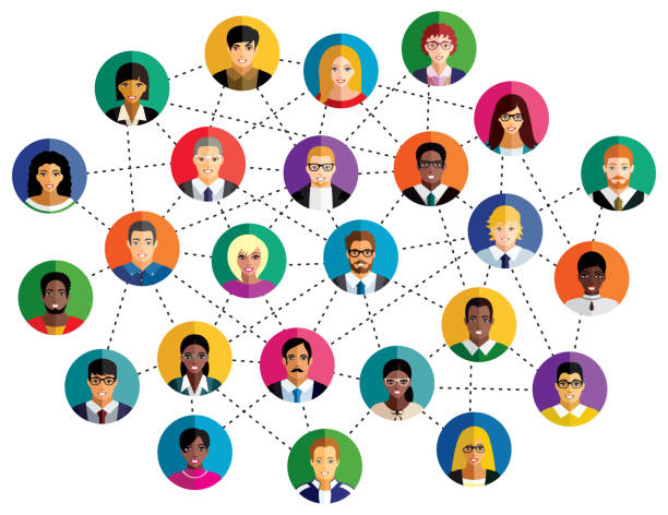 Vector illustration of an abstract scheme, which contains people icons. Multicolored social network scheme, which contains flat people icons. virtual event illustrations stock illustrations
