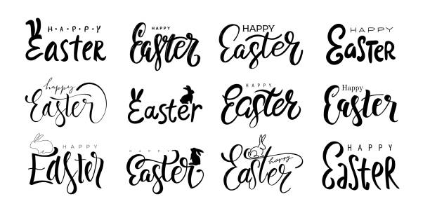 set of happy easter black linear lettering. hand drawn vector elegant modern calligraphy. design for holiday greeting card and invitation of the happy easter day. greeting card, poster text template. - easter 幅插畫檔、美工圖案、卡通及圖標