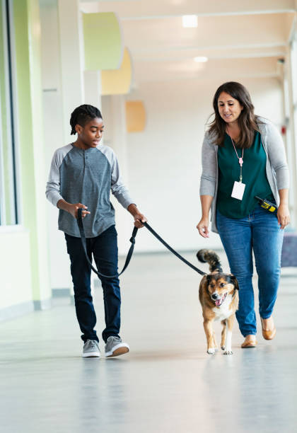 istock Volunteer at animal shelter helping boy walk dog 1383122191