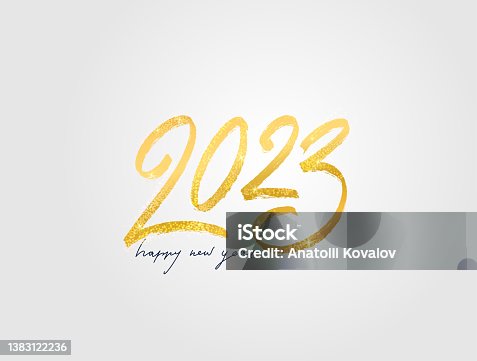 istock Happy New Year number 2023. Golden with bright sparkles. Vector handwritten calligraphy text lettering in paint color gold. 2023 Festive design template, greeting card, poster, banner, web site. 1383122236