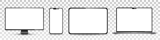 istock Device screen mockup. Smartphone, tablet, laptop and monoblock monitor, with blank screen for you design. JPG. Vector illustration 1383122823