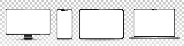 Device screen mockup. Smartphone, tablet, laptop and monoblock monitor, with blank screen for you design. JPG. Vector illustration Device screen mockup. Smartphone, tablet, laptop and monoblock monitor, with blank screen for you design. JPG. Vector illustration tablet stock illustrations