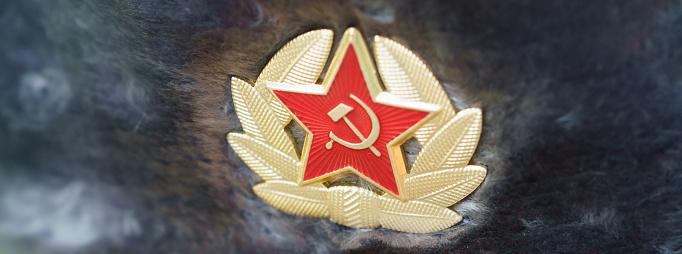 Moscow, Russia - Match 19, 2021: Closeup photography of Ushanka, ushanka-hat. Badge with earflaps 