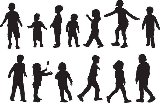 ilustraciones, imágenes clip art, dibujos animados e iconos de stock de siluetas infantiles 1 - silhouette back lit little boys child