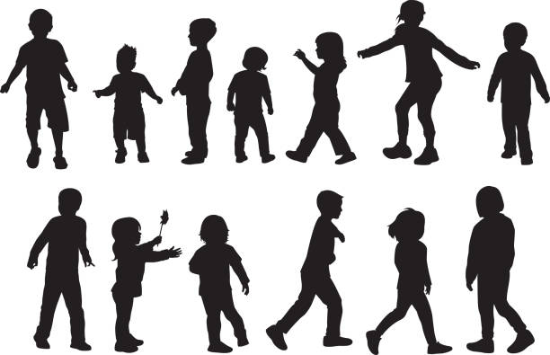 Children Silhouettes 1 Vector silhouettes of various children standing, running and playing. child silhouettes stock illustrations