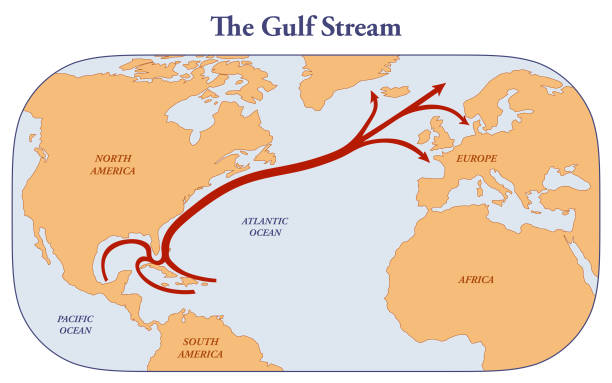 The Gulf Stream Map with the direction of the Gulf Stream from Mexico to Northern America and Europe atlantic ocean stock illustrations