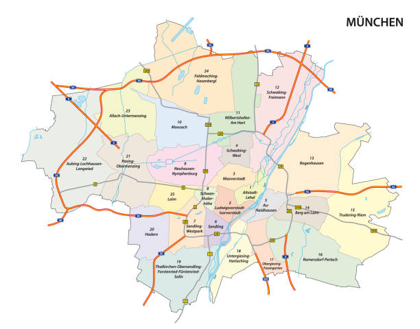 stockillustraties, clipart, cartoons en iconen met road and administrative map of the bavarian capital munich - münchen