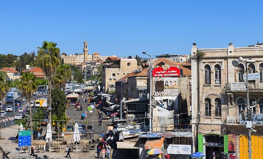 East Jerusalem, Palestine, May 5, 2019: View of the Arab district of Bab az-Zahra in the center of Jerusalem on a sunny spring day.