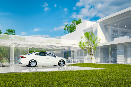Modern architectural model home as VR projection - this is entirely 3D generated image. Car is generic, custom model and not based on any real brand/model.