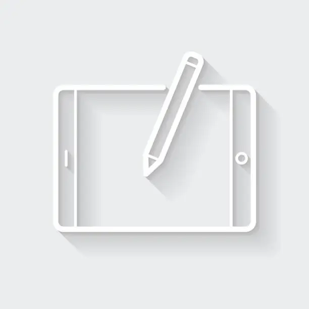 Vector illustration of Tablet PC with pen - Horizontal position. Icon with long shadow on blank background - Flat Design