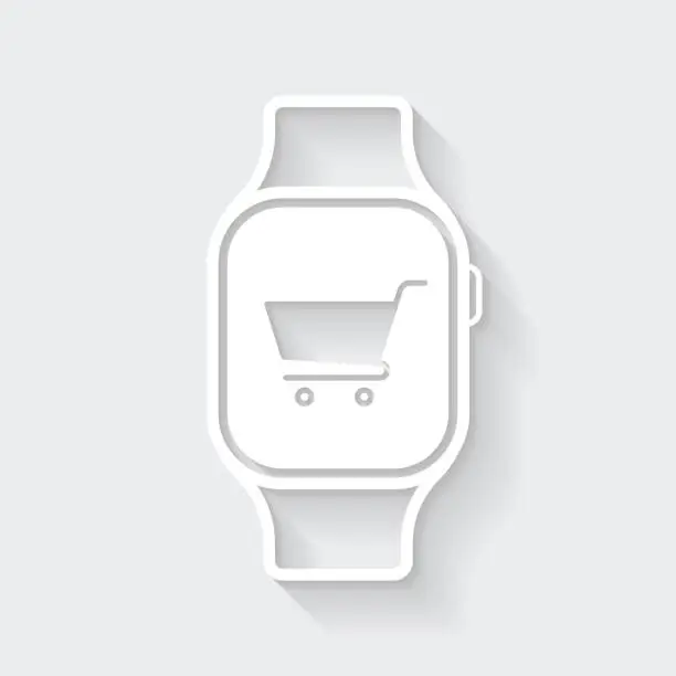 Vector illustration of Online shopping with smartwatch. Icon with long shadow on blank background - Flat Design