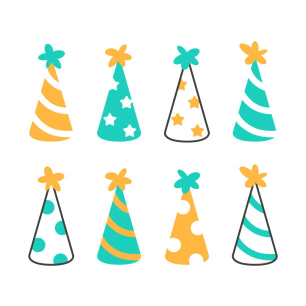 Color birthday flat line hats icons set on white background. Bright festive elements design for birthday party cards flyer banner decoration. Festival celebration symbol Cap object vector illustration Color birthday flat line hats icons set on white background. Bright festive elements design for birthday party cards flyer banner decoration. Festival celebration symbol Cap object vector illustration party hat stock illustrations