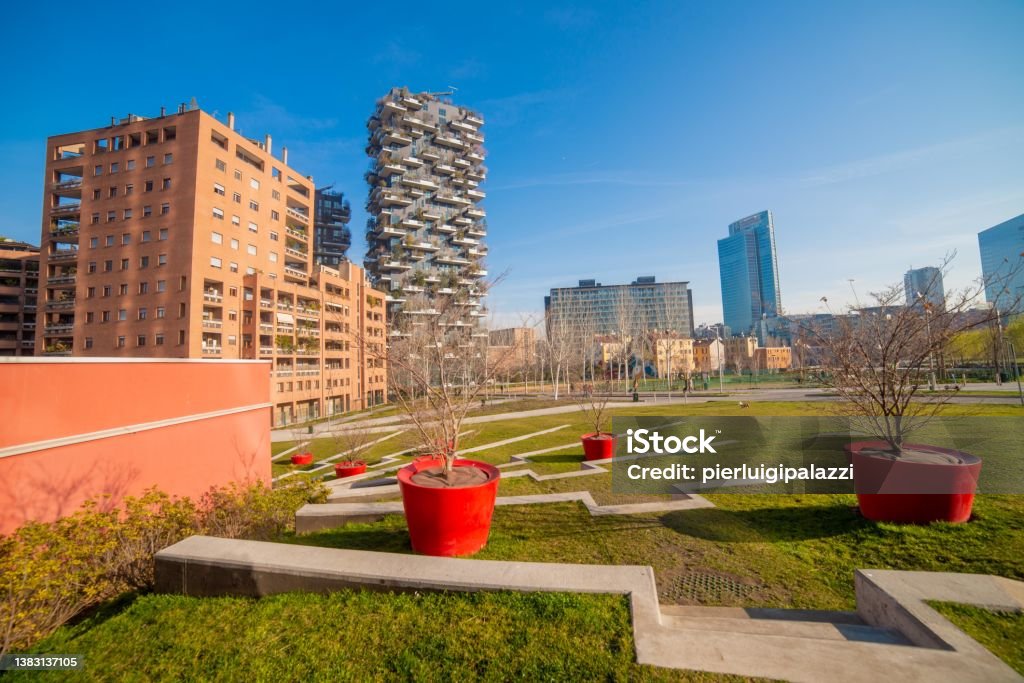 Milan Italy 2022 Piazza Gae Aulenti is an elevated circular pedestrian square located in the business center of Milan Milan Italy 2 March 2022:Piazza Gae Aulenti is an elevated circular pedestrian square located in the business center of Milan Milan Stock Photo