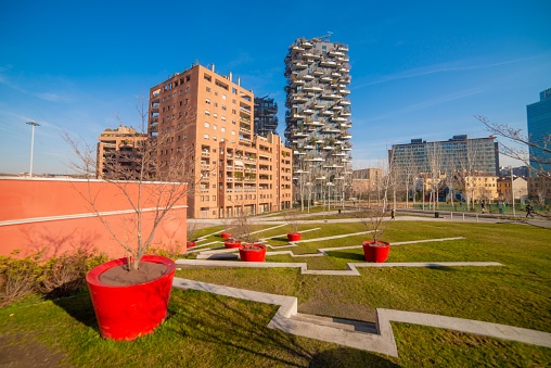 Milan Italy 2022 Piazza Gae Aulenti is an elevated circular pedestrian square located in the business center of Milan