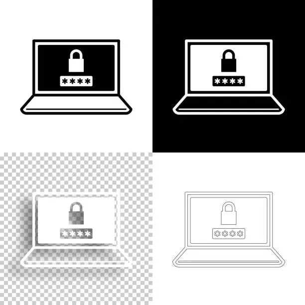 Vector illustration of Laptop with password. Icon for design. Blank, white and black backgrounds - Line icon