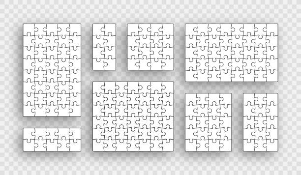 Puzzle grid with pieces. Jigsaw scheme. Vector illustration. Puzzle pieces set. Jigsaw outline grids. Scheme of thinking game. Modern backgrounds with mosaic shapes. Cutting template with separate details. Simple frame tiles. Vector illustration. number 16 stock illustrations