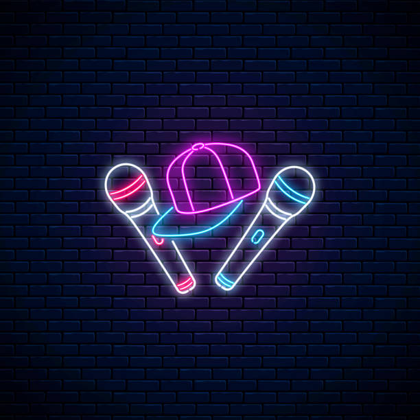 illustrazioni stock, clip art, cartoni animati e icone di tendenza di insegna al neon da battaglia rap con due microfoni e berretto da baseball. progettazione di pubblicità di concorsi rap. mostra concetto. - microphone stage music popular music concert