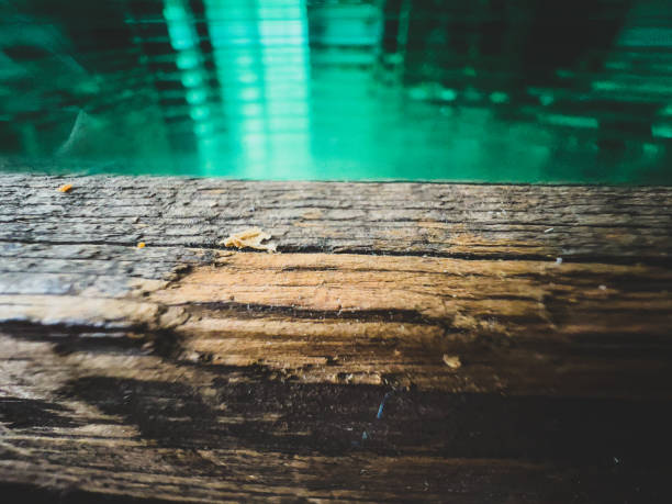 Old wood with blue-green glass on it.