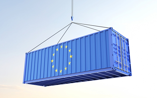 European Union trade, export, import concept. European Union flag cargo container on cloudy sky background at sunset. 3d illustration