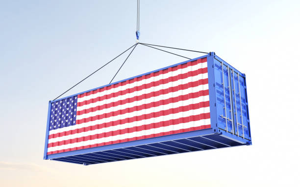 istock 3d Rendering of a shipping cargo container with American Flag loading sky in background stock photo 1383215639