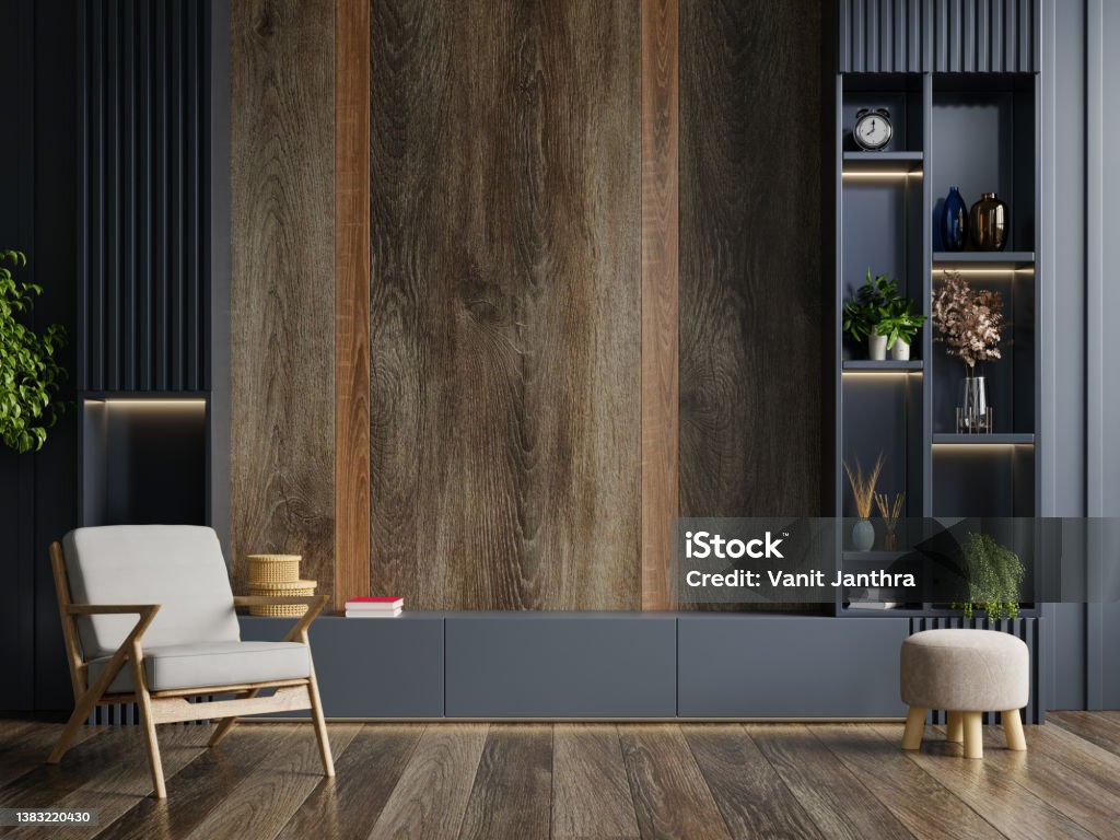 Cabinet for TV wall mounted in modern living room with decoration on dark wall background. Cabinet for TV wall mounted in modern living room with decoration on dark wall background.3D rendering Office Stock Photo