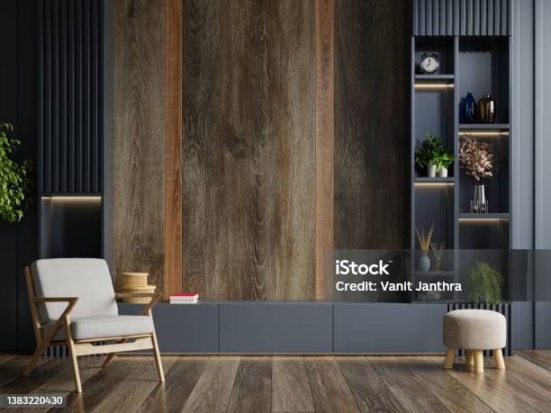 Cabinet For Tv Wall Mounted In Modern Living Room With Decoration On Dark Wall Background Stock Photo - Download Image Now