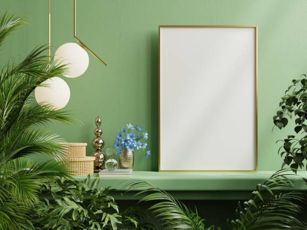Mock up poster frame on the green shelf with beautiful plants.