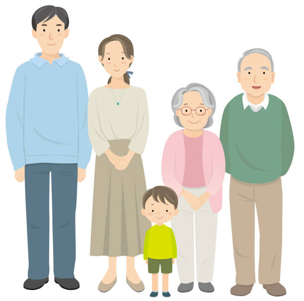 3 generation family standing side by side 3 generation family standing side by side caricature portrait board stock illustrations