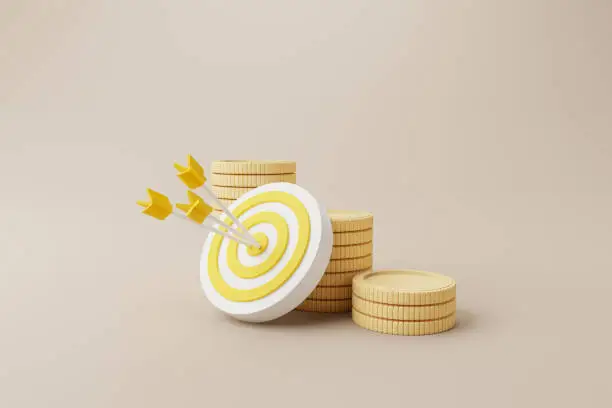Photo of Coins stack growthing meaning increase money value with dartboard and arrow. Save money and investment concept. 3d rendering illustration