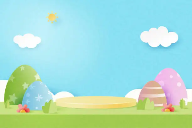 Vector illustration of Happy Easter background.Paper art of easter eggs and rabbit with cloud on blue sky background.Product display podium mockup, Banner template design.Vector illustration.