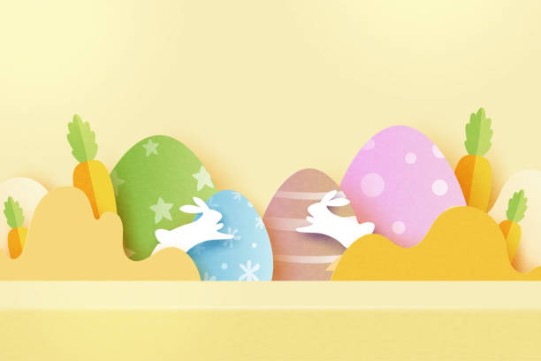 illustrations, cliparts, dessins animés et icônes de joyeux fond de pâques. maquette d’affichage de produit, conception de modèle de bannière. illustration vectorielle d’art papier. - craft eggs easter animal egg