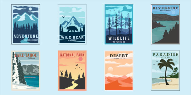 illustrations, cliparts, dessins animés et icônes de ensemble d’affiche de nature en plein air minimaliste vintage vector illustration modèle de conception graphique. collection groupée de divers concepts de parc national au lac beach forest et à la faune - affiche