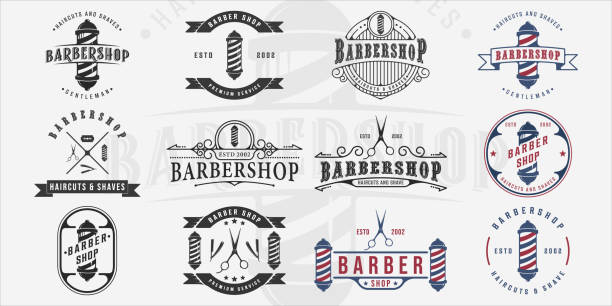 set of barbershop vintage  vector illustration template icon graphic design. bundle collection of various barber shop sign or symbol for business retro concept set of barbershop vintage  vector illustration template icon graphic design. bundle collection of various barber shop sign or symbol for business retro concept gentlemens club stock illustrations