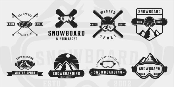satz von snowboard oder ski logo vintage vektor illustration vorlage icon grafikdesign. bundle-sammlung verschiedener extremsport-winterzeichen oder symbole für den wettkampf oder emblem für unternehmen - ski stock-grafiken, -clipart, -cartoons und -symbole